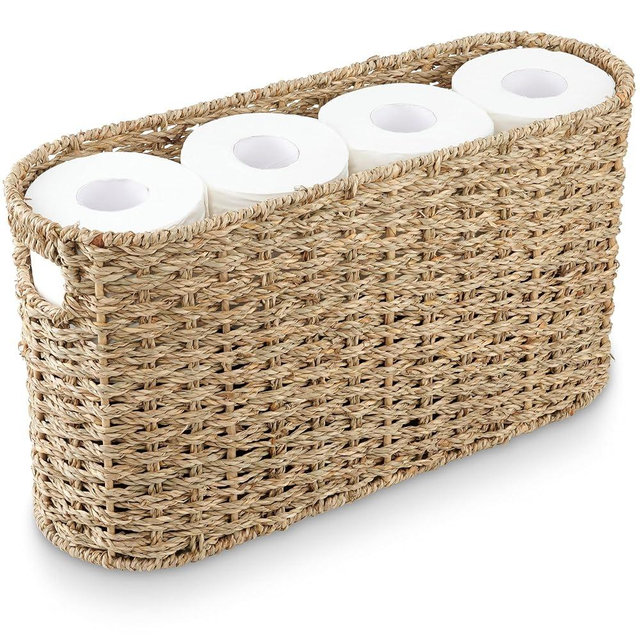 Toilet Paper Storage Basket, Toilet Paper Holder with Storage for Up to 8 Rolls, Coastal Bathroom Decor, Rattan Bathroom Accessories (Natural Seagrass, 6 Mega Rolls)