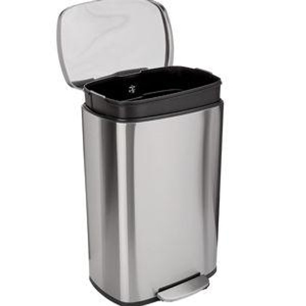 Amazon Basics Smudge Resistant Rectangular Trash Can With Soft-Close Foot Pedal, Brushed Stainless Steel, 50L/13.2 Gal, 16.7x14.7x25.9 in, Satin Nickel Finish