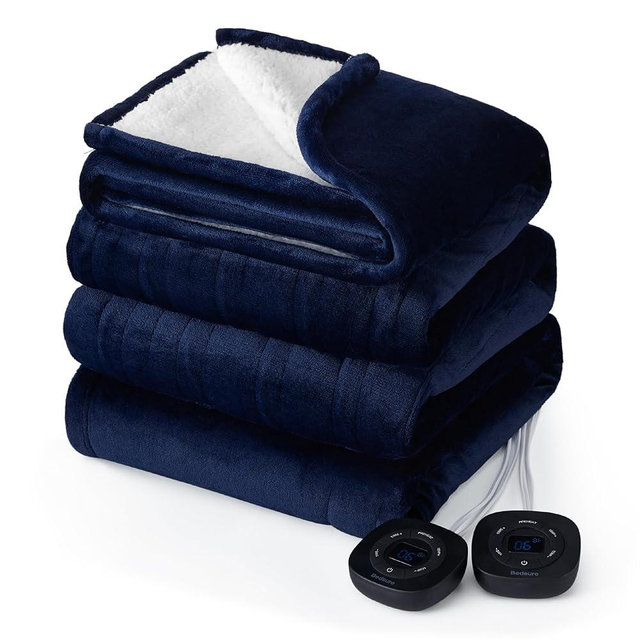 Bedsure Flannel Electric Blanket Queen - Flannel Heated Blanket with 10 Heat Settings, Heating Blanket with 10 Time Settings, 8 hrs Timer Auto Shut Off, and Dual Control (84x90 inches, Navy)