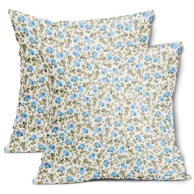 Spring Daisy Floral Pillow Covers 18X18 Inch Sage Green Blue Vintage Flowers Decorative Pillow Cases Set of 2 Block Print Cotton Linen Throw Pillows Farmhouse Decor For Sofa Couch Cushion Outdoor