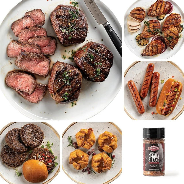 Omaha Steaks Freezer Filler, Gift-Ready or Stock Up, 25 items, 20 entrees - 4 Butcher's Cut Top Sirloins, 4 Air-Chilled Boneless Chicken Breasts, 8 Omaha Steaks Burgers, 4 Gourmet Jumbo Franks, 4 Caramel Apple Tartlets, 1 jar Omaha Steaks Seasoning