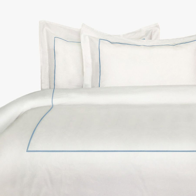 Lena Percale Embroidered Single Stripe Duvet Set, Blue/White, King