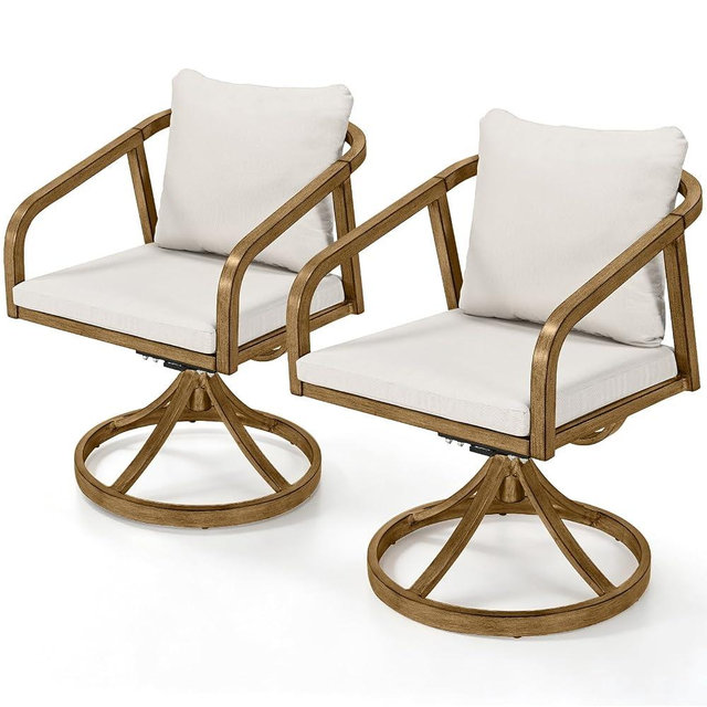 SEEHILL Swivel Outdoor Chairs Set of 2, Patio Dining Chairs with Removable Cushions, Never-Rust Aluminum Outdoor Dining Chairs with Wraparound Backrest and Armrest for Poolside, Deck, Backyard, Teak