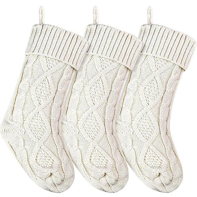 Christmas Stockings Large Knitted Xmas Stockings 18 Inches Fireplace Hanging Stockings for Family Holiday Christmas Decoration (Ivory, 3)