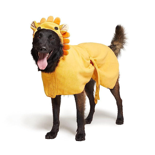 BarkBox Premium Absorbent Hooded Dog Bathrobe Towel - Quick Drying Pet Towel for Bath & Beach Trips - Luxurious & Soft Bathrobe Towel for Dogs of All Breeds - Lion - Large