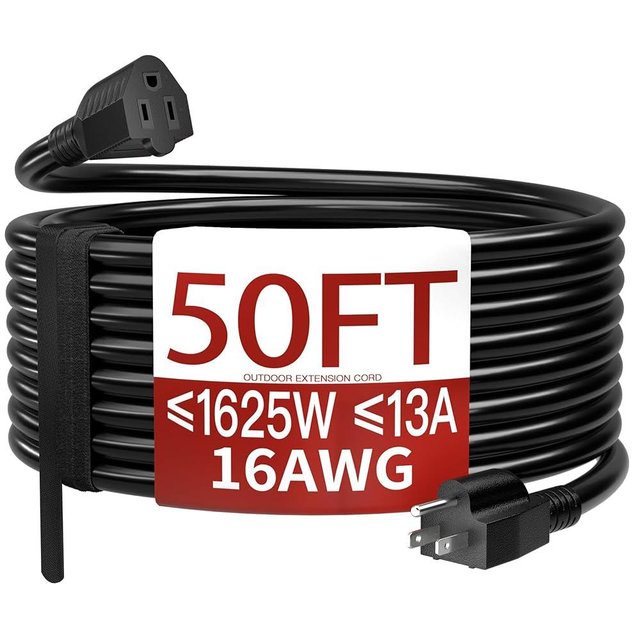 Skrizcable 16/3 50 FT Outdoor Extension Cord Waterproof, Weatherproof & Flame Retardant Black 3 Prong Power Cord Outside for Lawn & Garden, 13 Amps 1625 Watts 125 VAC 16AWG SJTW, ETL Listed
