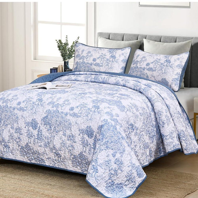 WONGS BEDDING Blue Quilt Set King Size, 3 Pieces Botanical Bedspreads Set Lightweight Microfiber Blue Toile Plants Pattern Coverlet Home Decor for All Seasons(104"×90")