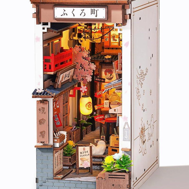 Rolife Book Nook Kit Sakura Wine Alley, 3D Wooden Puzzle Booknook for Bookshelf Decor, Japanese-Inspired Sakura Theme Creative DIY Miniature Dollhouse Kit, Crafts Gifts for Adults, Teens & Book Lovers