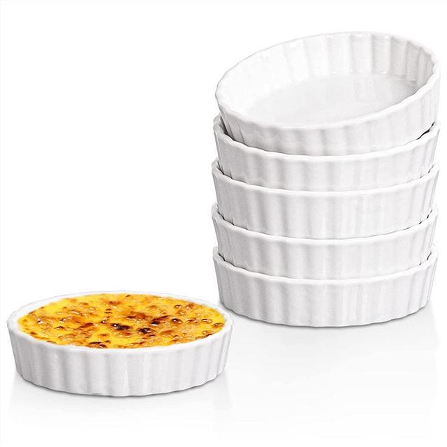  Delling 8 Ounce Creme Brulee Ramekins-Round Fluted Quiche Dishes Tart Pan, Oven Safe Ramekins for Baking, Souffle, Ramekins Set of 6, White