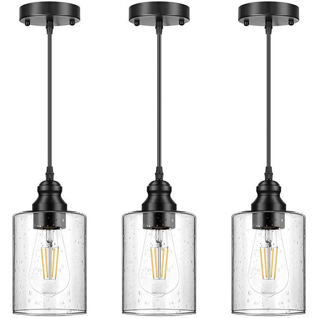 3-Pack Industrial Pendant Lights, Seeded Glass Pendant Lamp Shade, Modern Indoor Hanging Light Fixtures, Black Farmhouse Ceiling Light for Hallway Porch Corridor Kitchen Bedroom, Bulb Not Included