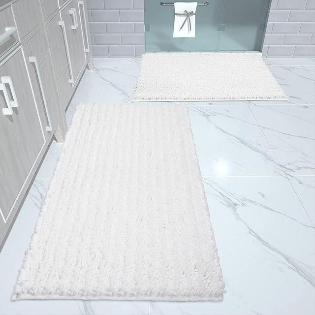 Yimobra Luxury Chenille Bathroom Floor Rug Mat Set, Extra Soft Shaggy Bath Rugs 2 Piece, Non Slip Machine Washable Quick Dry Large Plush Mats for Tub Shower, 17 x 24 + 31.5 x 19.8 Inches, White