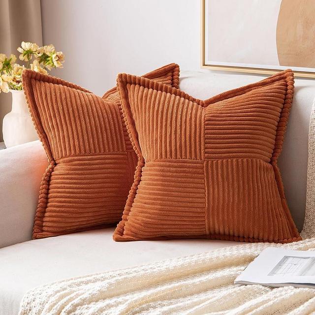 MIULEE Fall Rust Pillow Covers 18x18 Inch with Splicing Set of 2 Super Soft Boho Striped Corduroy Pillow Covers Broadside Decorative Textured Throw Pillows for Couch Cushion Livingroom