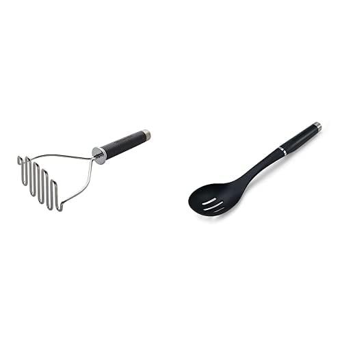 KitchenAid Gourmet Stainless Steel Wire Masher, One Size, Matte Black & Gourmet Nylon Slotted Spoon, One Size, Black