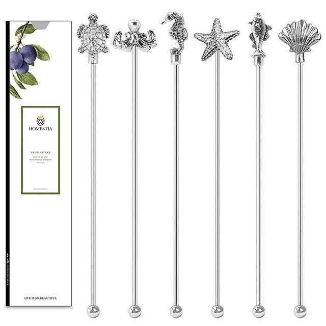 Homestia 6 Pcs Cocktail Stirrers Swizzle Sticks Stainless Steel 8" Coffee Beverage Stir Sticks with Ocean Shape for Mixing Cocktail
