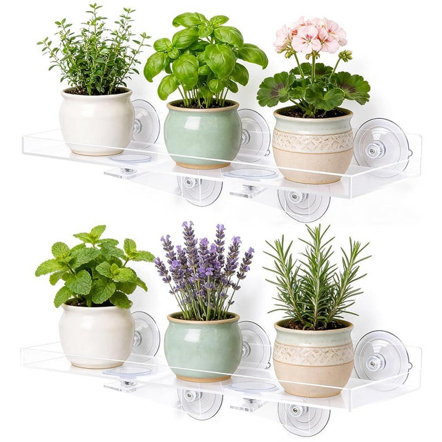 Leafory 2 Pack Window Plant Shelves, 15.7 x 5.9 Inch Heavy Duty Acrylic Floating Shelf, Strong Suction Cup Shelf with Support Bracket, Windowsill Holder for Succulents and Indoor Plants