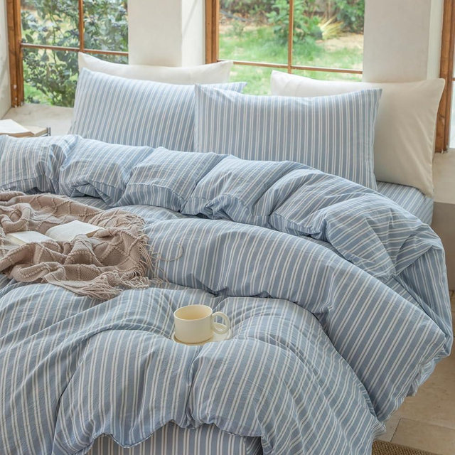 XINMIANFANG Striped Duvet Cover Set Queen Size 100% Washed Cotton Linen Feel Natural Wrinkle Comfy Lightweight Bedding Set (Queen, Double Stripe-Blue/White)