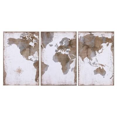 Set of 3 Large Vintage World Map Canvas Panels Wall Art - Patton Wall Decor