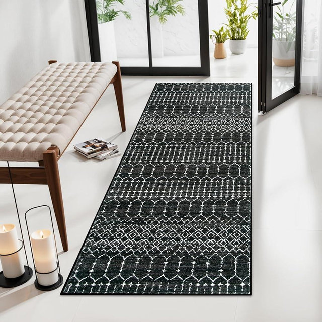 Lahome Moroccan Black Rug Runner - 2x4 Area Rug Non-Slip Low-Pile Washable Entryway Runner Rug Small Throw Kitchen Rugs Bath Mat Runner, Geometric Print Carpet Runner for Hallway Bedroom (Black,2'x4')