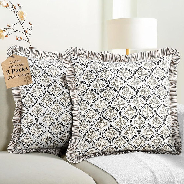 CPC Sandstone Regal Hand Block Print 100% Cotton Ruffle Throw Pillow Cover 18x18 inch with Hidden Zipper Decorative for Couch, Bed, Sofa, Farmhouse, Cottagecore Decor Gift Christmas Fall Thanksgiving