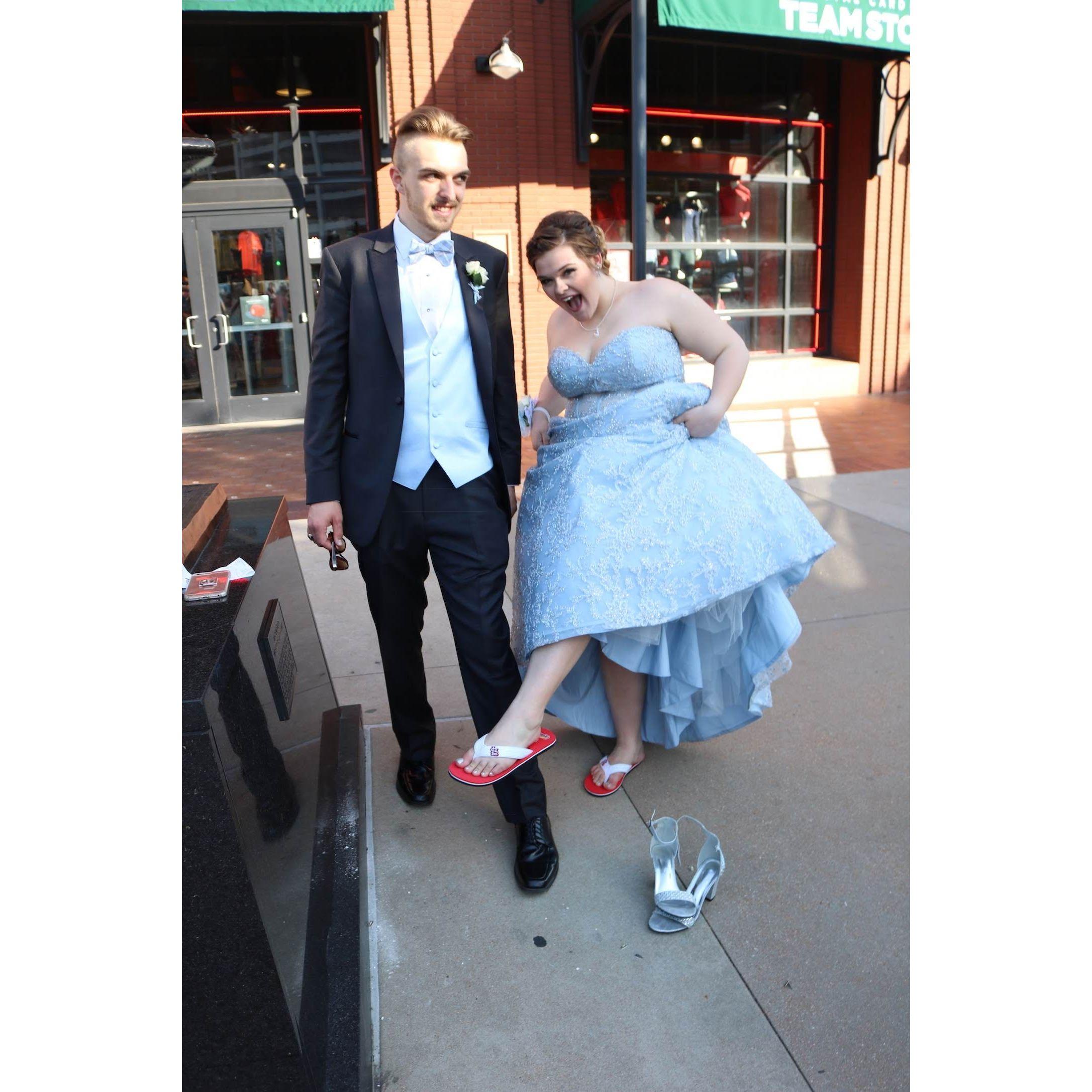 I had the most uncomfortable shoes ever so we went into Busch Stadium to buy me flip flops