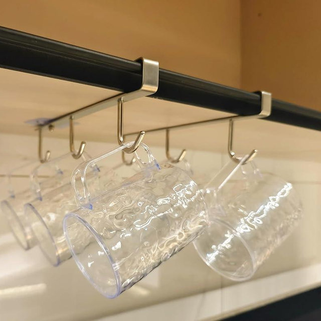 Mug Hooks Under Cabinet , 304 Stainless Steel Cup Hooks for Hanging Under Shelf, Mug Organizer Rack with 6 Hooks for Displaying Mugs, Coffee Cups and Kitchen Utensils,Fit for 0.8" or Less thickness