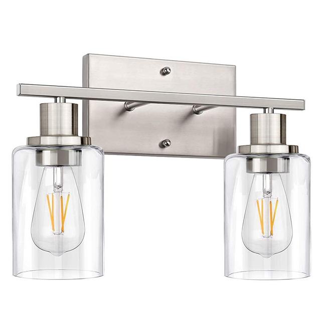 2-Light Bathroom Vanity Light Fixtures, Modern Wall Lighting with Clear Glass Shade, Brushed Nickel Finished Wall Sconce Lighting, Porch Wall Lamp for Mirror, Living Room, Bedroom, Hallway( E26 Base)