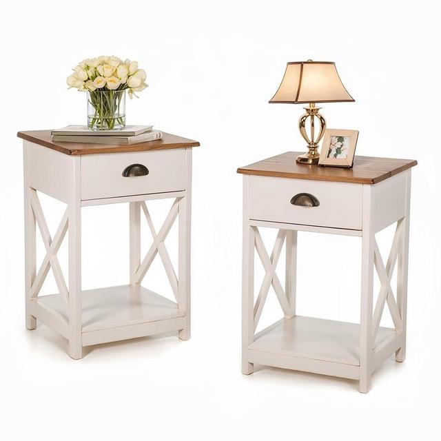 PHI VILLA End Table Living Room Set of 2 - Farmhouse Bedroom Nightstands Small Bedside Table, Ivory White Side Table