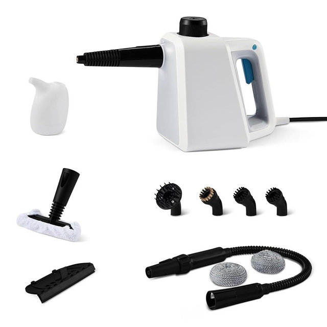 Amazon Basics Handheld Steam Cleaner for Home with 9 Accessories, Powerful 1000W Steam Shot, 8.5oz Tank, White