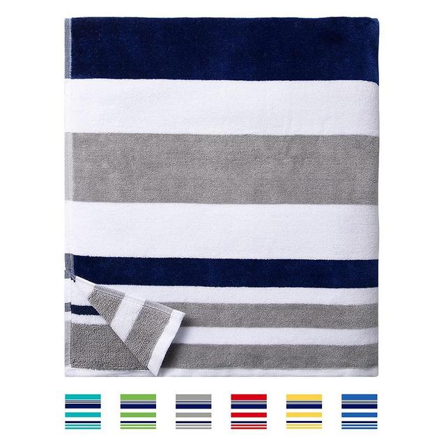 CABANANA Large Oversized Beach Towels - Velour Cotton 35 x 70 Inch Grey Blue Horizontal Striped Fluffy Pool Towel, Plush Summer Swimming Cabana Towel