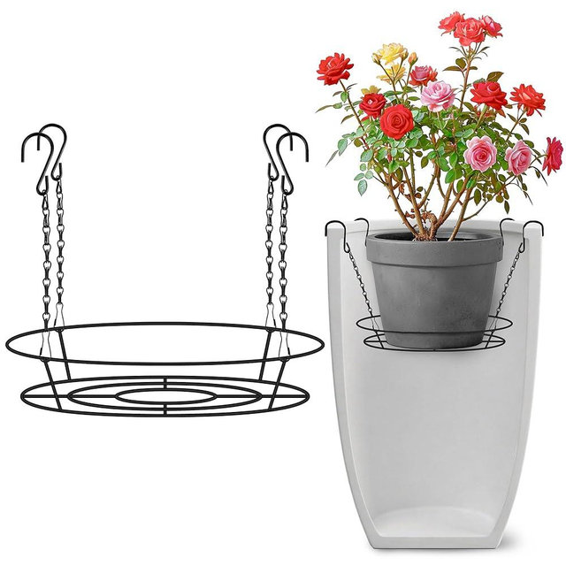 Adjustable Planter Inserts for Large Pots, 12-18" Plant Risers for Inside Pots, Black Stainless Steel Planter Insert with 4Hooks, Chain Pot Fillers for Tall Round Planters to Reduce Soil (1, black)
