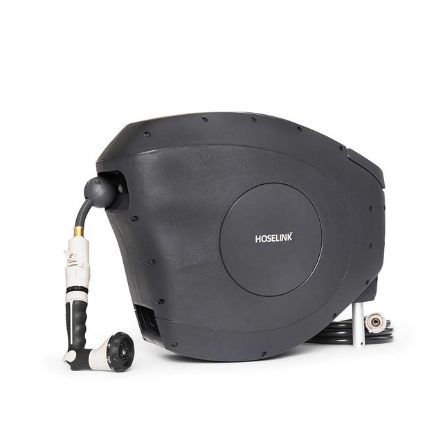 HOSELINK Charcoal 50ft Hi-Flow Automatic Retractable Hi-Flow Garden Hose Reel, 9/16”, UV-Stabilized Kink-Free Hose, Wall Mounted Complete Watering Solution for Backyard, Garden & Outdoor