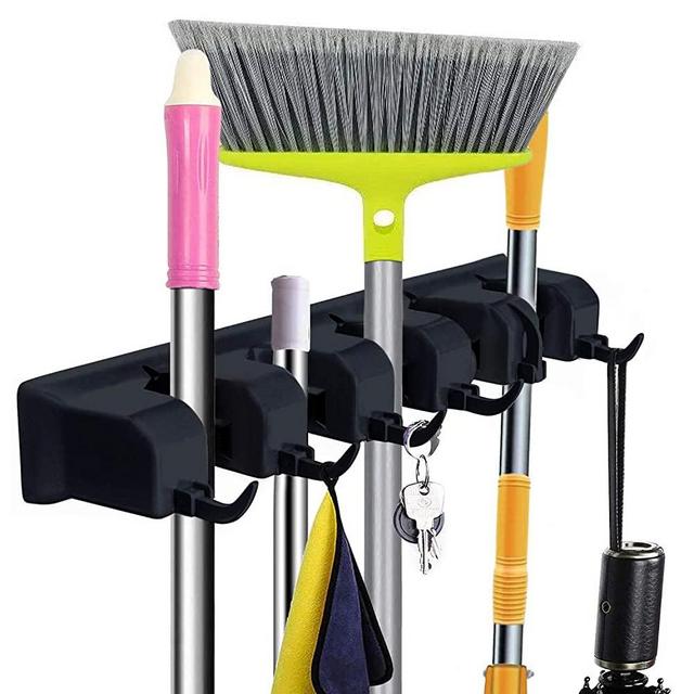 Mop and Broom Holder Wall Mount - CINEYO - Heavy Duty Broom Holder Wall Mounted or Tool Organizer For Home Garden Garage And Storage (5 Positions with 6 Hooks) (Black)