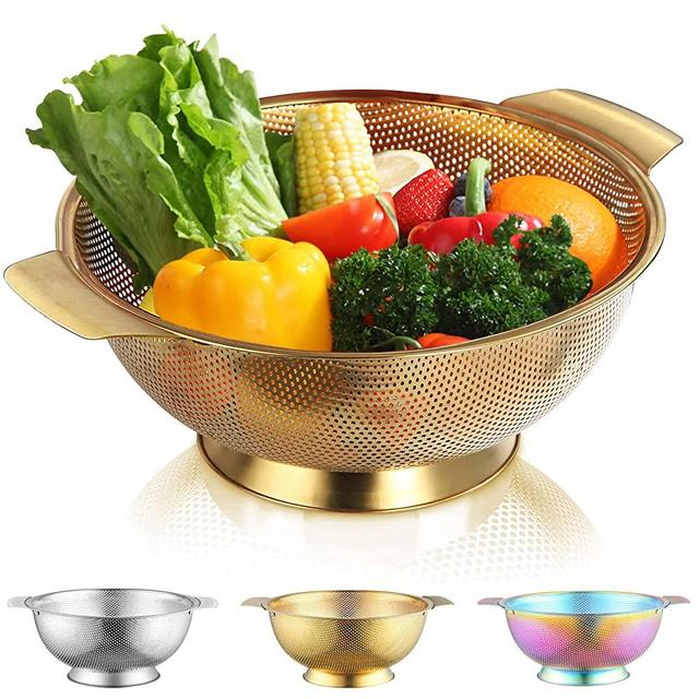 Kyraton Gold Colander 5 Quart, Professional Titanium Gold Plating Stainless Steel Strainer with Heavy Duty Handles and Self Draining Solid Ring Base, Easy Clean and Dishwasher Safe