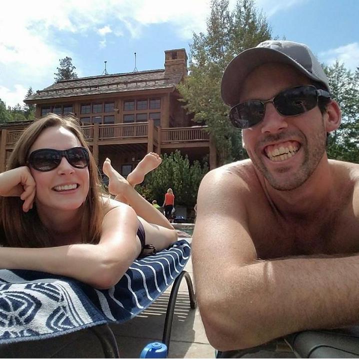 Our first photo together! Palisade peach wine by the pool!