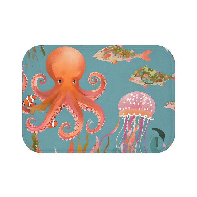 Colorful Ocean Life Bath Mat, Nautical Decor, Bathroom Rug, Beach House Accessory, Gift for Ocean Lovers, Fun Bathroom Decoration