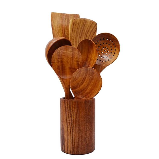 Wooden Spoons for Cooking, Nonstick Wood Kitchen Utensil Cooking Spoons, Natural Teak Kitchen Utensils Set（8 Pcs）