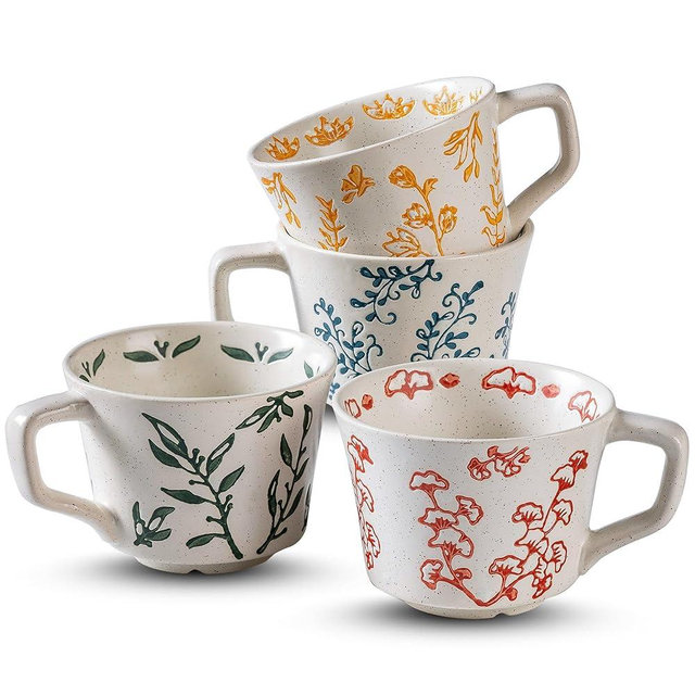 Ceramic Mugs 11 oz Unique Luxurious Cups Set of 4, Mug for Coffee Milk Latte Cappuccino Tea, Office Home Kitchen Use, Dishwasher Birthday Gift Microwave Freezer Safe Stoneware Mixed