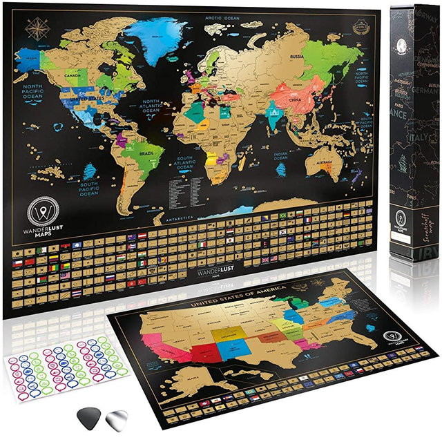 Scratch Off Map of the World + USA Map - Set of Two Deluxe Gold Scratch-Off Travel Posters with Colorful Countries, US States and Flags - Made in Europe
