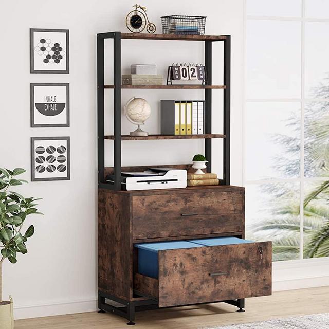 Tribesigns 2 Drawer Vertical File Cabinet with Lock & Bookshelf, Letter Size Large Modern Filing Cabinet Printer Stand with Open Storage Shelves for Home Office