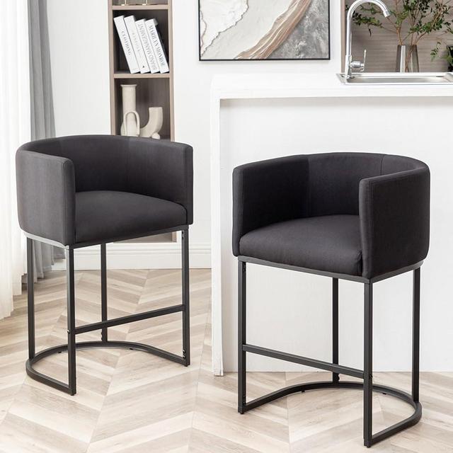 Riknuxi Counter Height Bar Stools Set of 2, Modern Bar Stool with Back, Barrel Bar Chairs with Metal Frames, Upholstered Barstools for Kitchen Island, Pub, Club (Black)