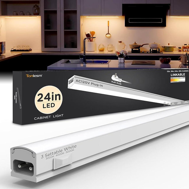Under Cabinet Lighting Plug in 24in 1Pack AC120V 3CCT 3000/4000/5000K, Super Bright,Linkable Under Counter Lights for Kitchen, Ultra Slim LED Cabinet Light,ETL White