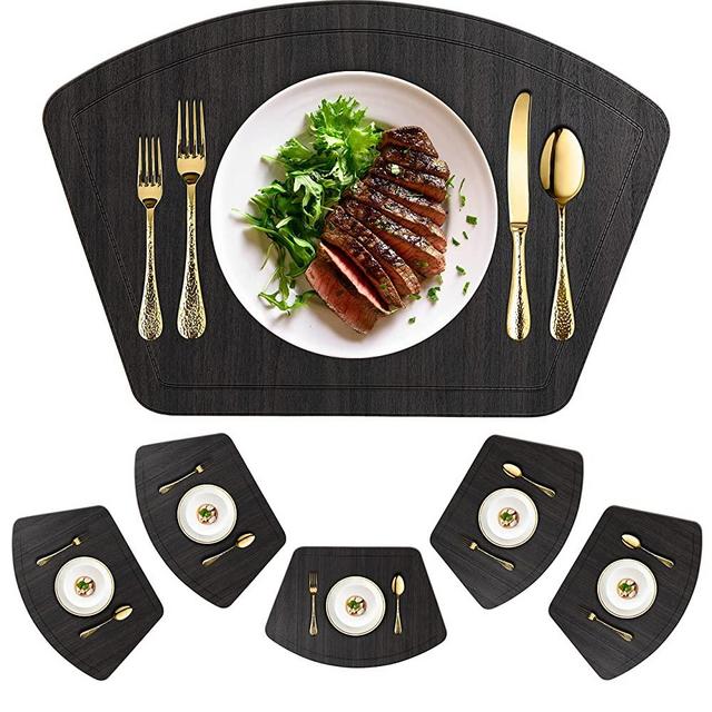 Immokaz Round Placemat for Dining Heat Insulation Stain Resistant Non-Slip Waterproof Washable Wipe Clean PU Fan Shape Wedge Kitchen Table Mat Set (6, Pu_Wood Black)