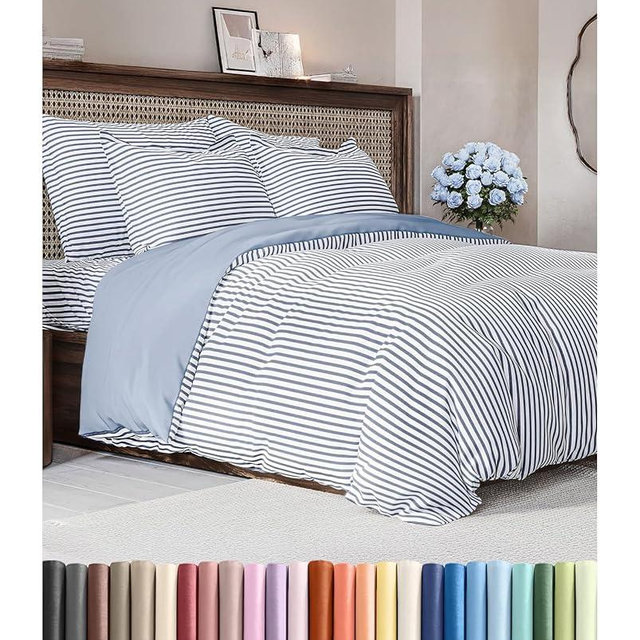 Duvet Cover Cal King Size - Extra Soft Cal King Size Duvet Cover - Lightweight, Breathable & Fade Free with Zipper Closures and Ties - 104" x 98" Inches - (Blue Stripes 2) Comforter Not Included