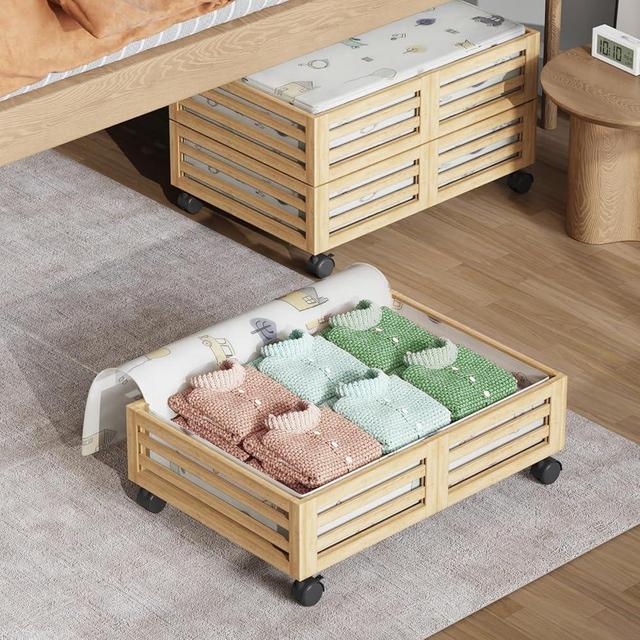 2 Pack Under Bed Bamboo Storage Containers,Under Bed Storage with Wheels,Stackable Under Bed Drawer Organizer with Lids Dust Bags for Baby Clothes Shoes Toys Blankets Bedding Wardrobe Bedroom(Natural)
