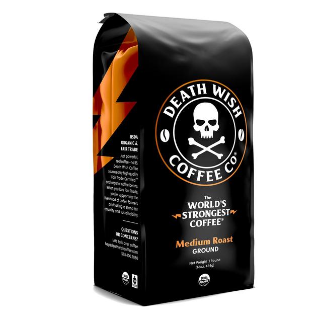 Death Wish Coffee, Organic, Fair-Trade, World's Strongest Coffee, Medium Roast Ground Coffee, 16 Oz, Bag
