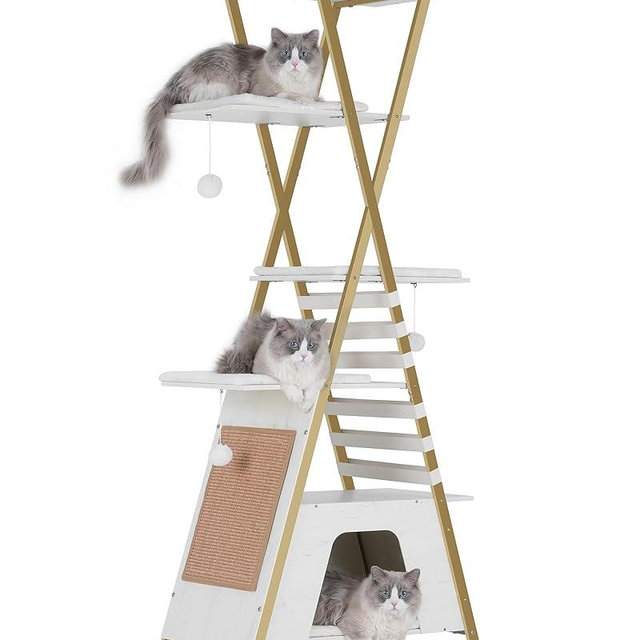 FourFurPets 72.4" Cat Tree, Modern Cat Tower for Indoor Cats, Multi-Level Cat Condo with Caves, Tall Cat Tree with Cat Scratching Board, Wooden Cat Tower with Large Perch, Removable Pads, White