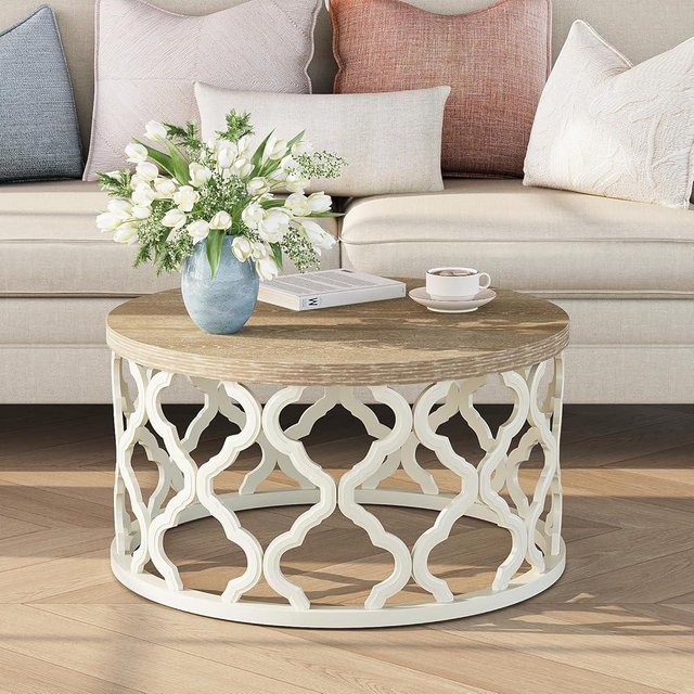karlott Farmhouse Coffee Table, French Country Round Coffee Table, Coastal Coffee Table with Distressed Top, Boho Coffee Table with Curved Motif Frame Base for Living Room, Dining Room, Bedroom