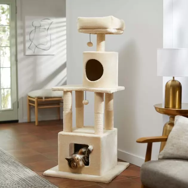 FRISCO 54 in Faux Fur Cat Tree & Condo, Cream - Chewy.com
