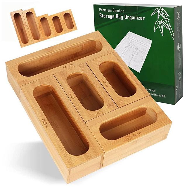 Bamboo Ziplock Bag Organizer For Drawer, Food Storage Bag Organizer, Baggie Organizer Dispenser Fits For Ziploc Solimo Glad Hefty For Gallon Quart Sandwich Snack And More Zip Lock Bags - 5 Packs Set