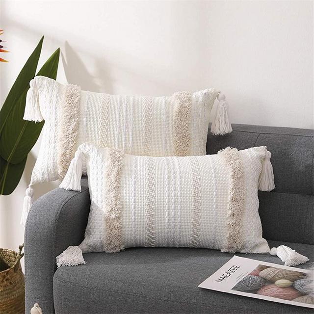 SEEKSEE Boho Cotton Hand-Woven Throw Pillow Covers, Tufted decorativeThrow Pillow Covers, for Bedroom, Living Room Sofa, Farmhouse Square Fringed Throw Pillow(Cream 2pc, 12x20 inch)
